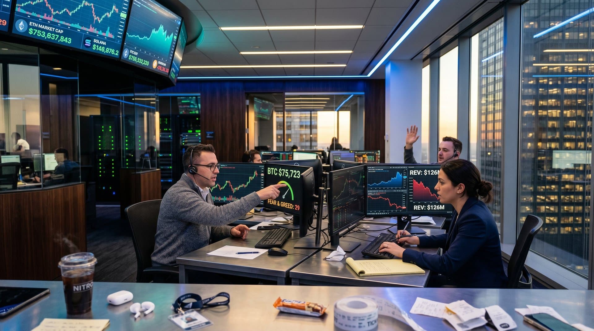Traders monitor BTC at $75K on Bloomberg terminals amid Robinhood charts on Goldman Sachs floor with city skyline view