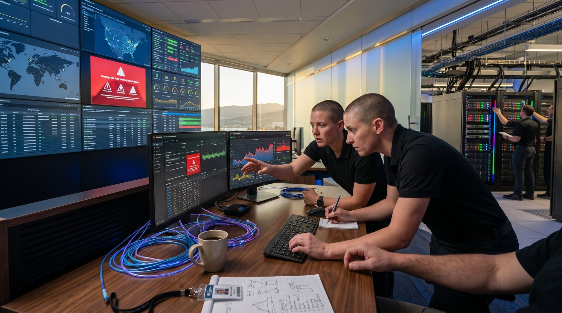 Cybersecurity team in high-security data center monitors Ramp Sheets AI flaw alerts on multi-screen walls amid server racks and fiber cables