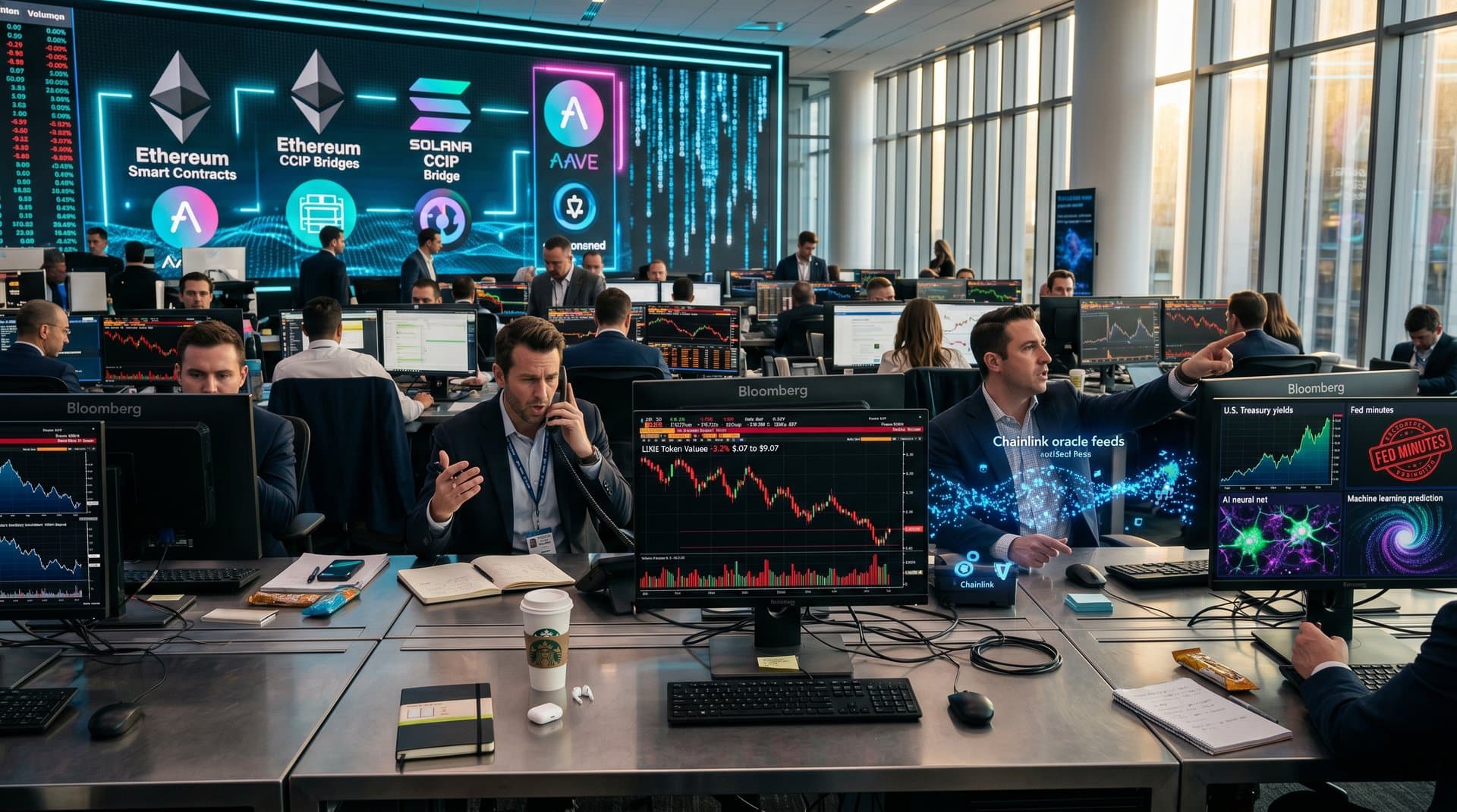 Abstract visualization of Chainlink oracles feeding data to AI networks amid declining crypto charts