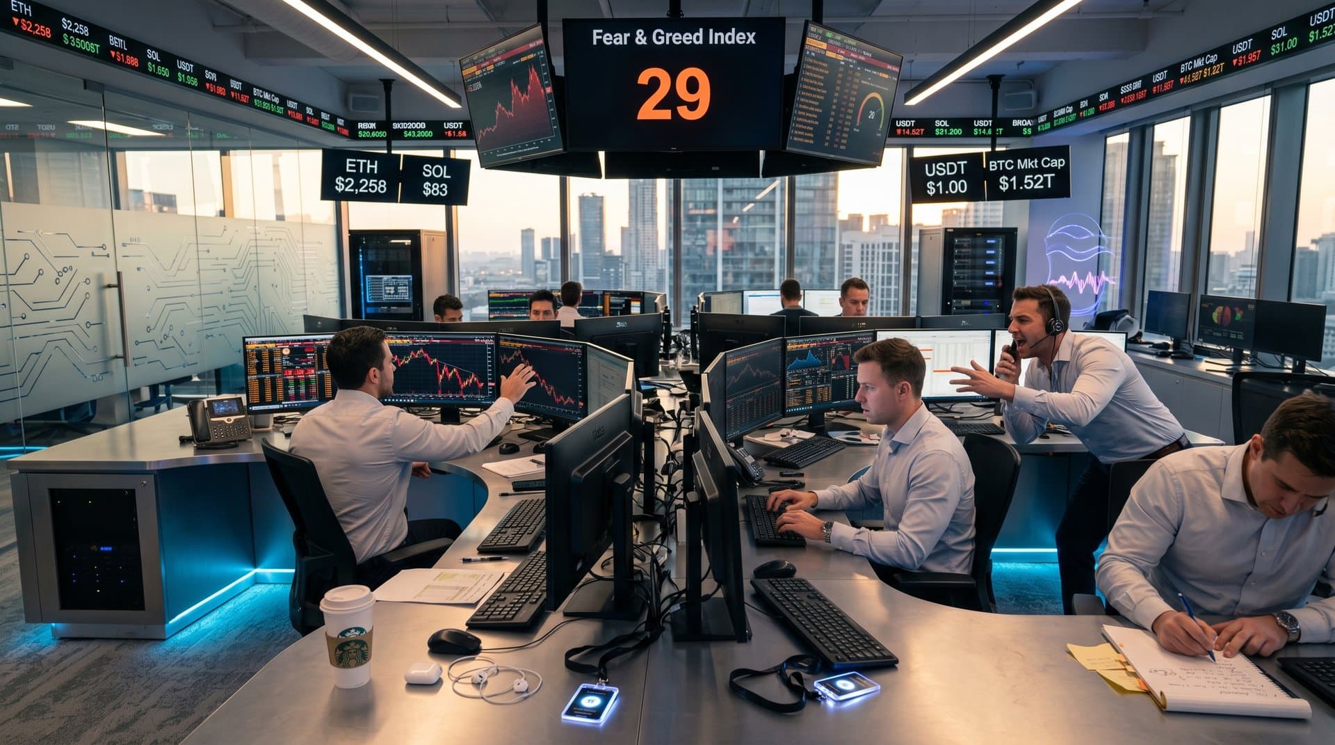 Trading floor terminals showing BTC at $76K, Fear & Greed at 29, ETH and SOL charts in modern finance hub