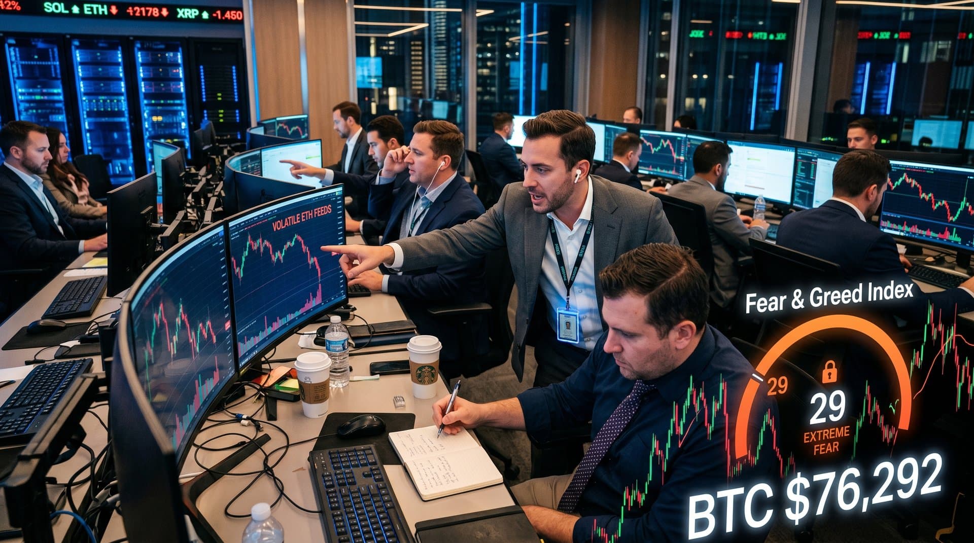 Abstract Bitcoin charts and Fear & Greed Index at 29 on fintech trading screens amid market volatility