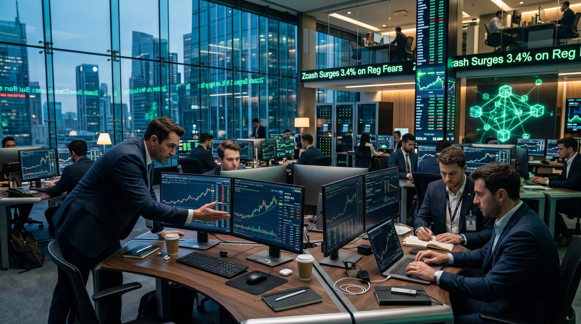 Trading floor screens displaying surging Zcash charts, traders analyzing crypto data in professional setting