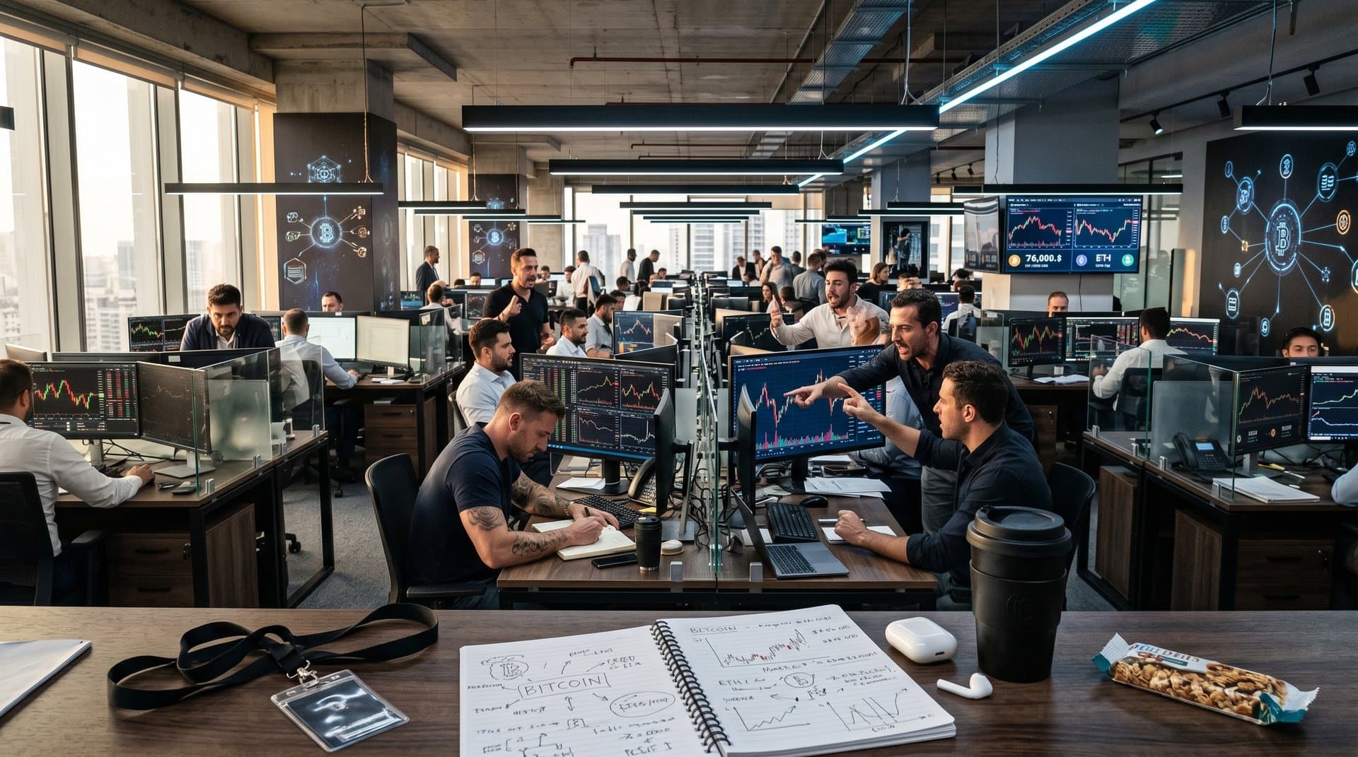 Fintech office screens displaying BTC at $76K, PayPal cryptocurrency division charts, and market data