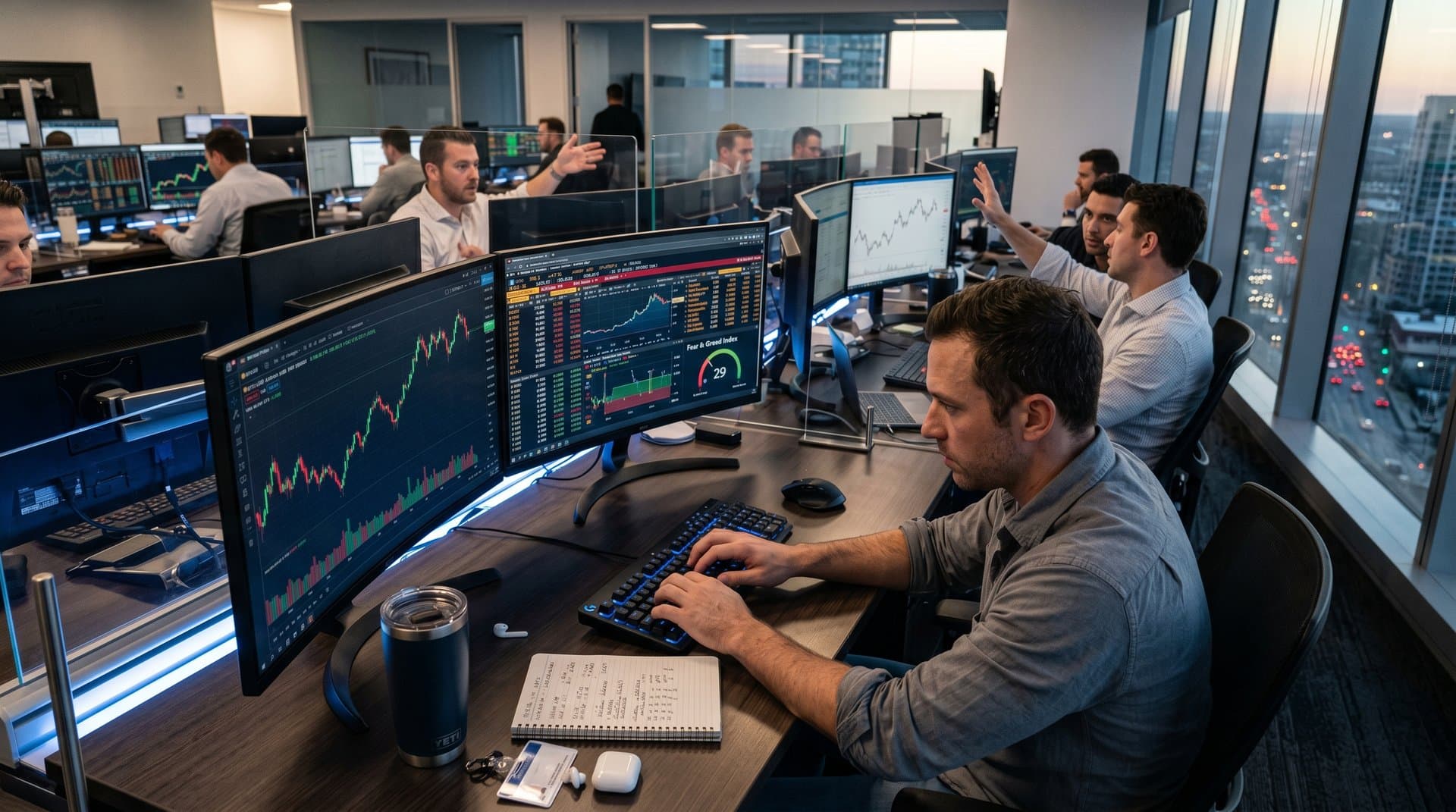 Fintech trading desk with Bitcoin charts at $76K and Fear & Greed Index at 29 on glowing screens