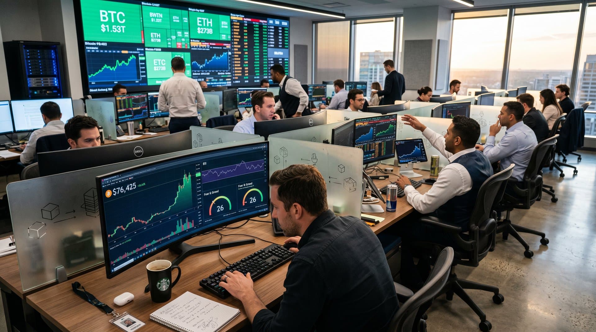 Fintech traders analyze Bitcoin price prediction charts, Fear & Greed Index at 26, and market data on advanced monitors with skyline view