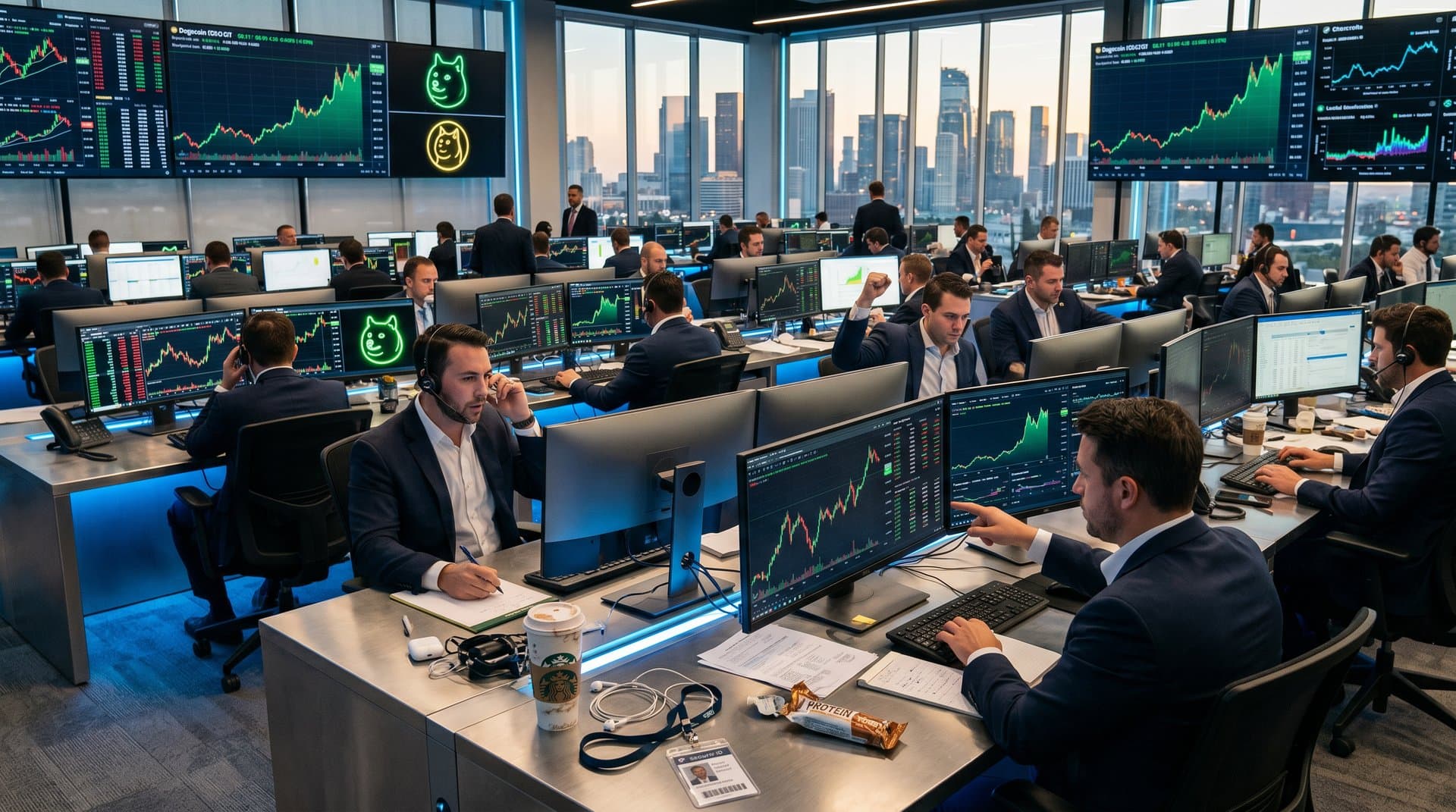 Crypto traders monitor surging Dogecoin charts on multi-screen setups in modern trading floor with LED lights and city view