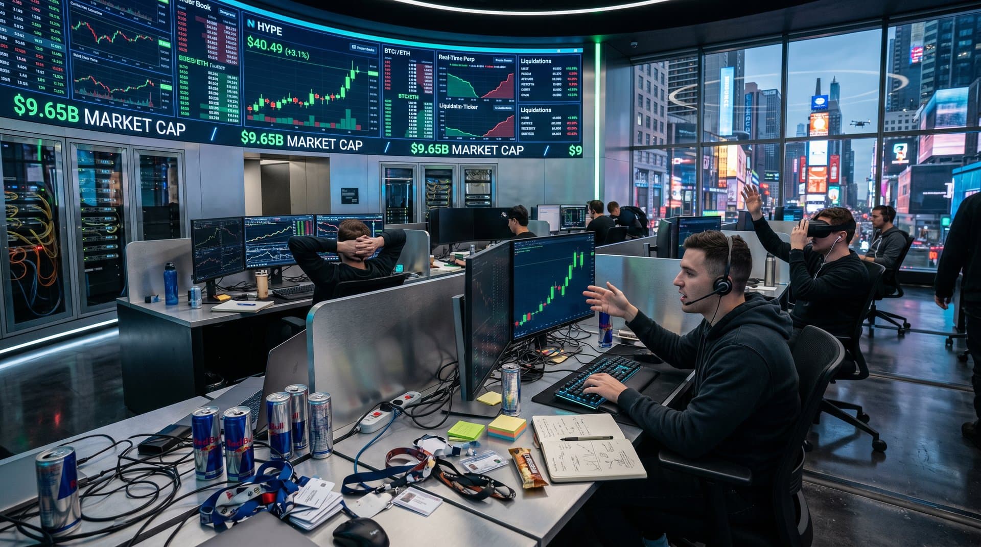 Trading floor screens showing Hyperliquid HYPE token at $40.49 with DeFi perps charts and order books