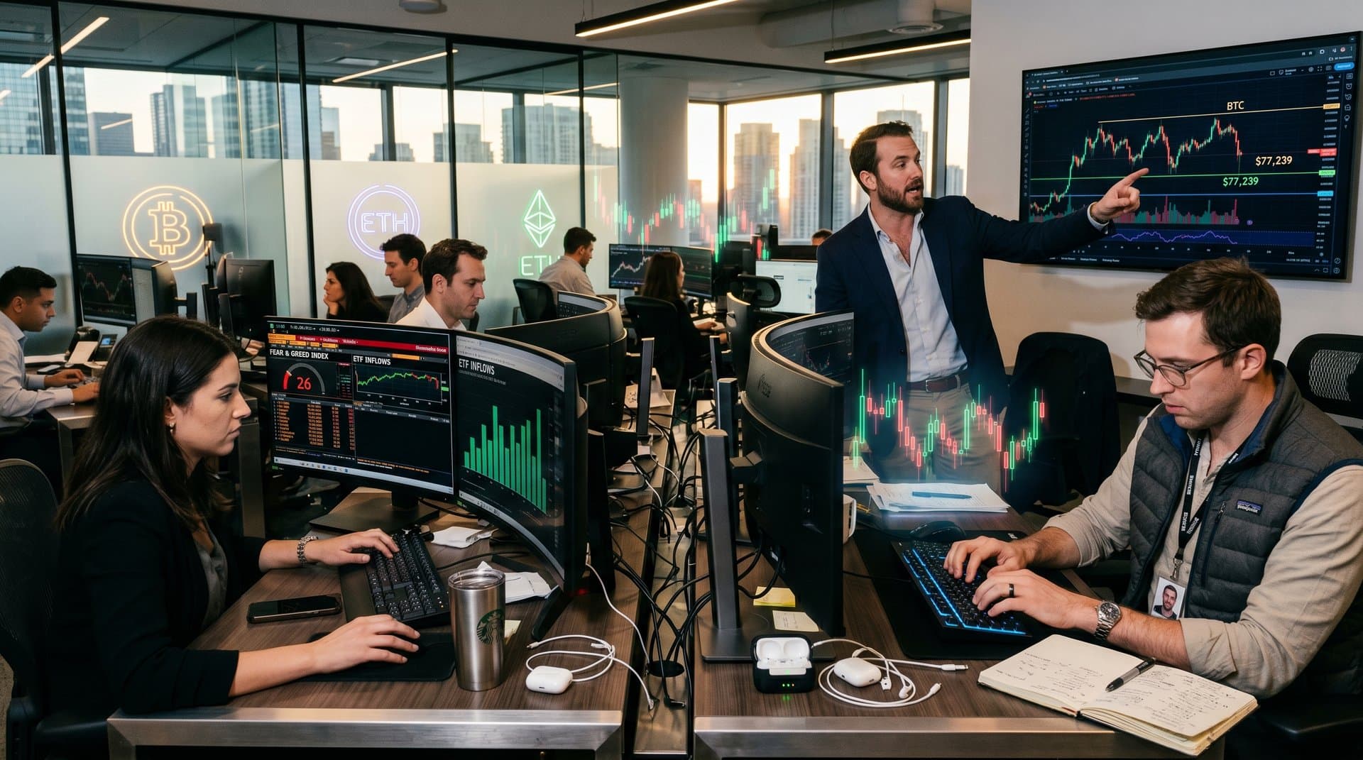 Crypto traders monitor Bitcoin price at $77K and Fear & Greed Index 26 on trading desks with ETF charts