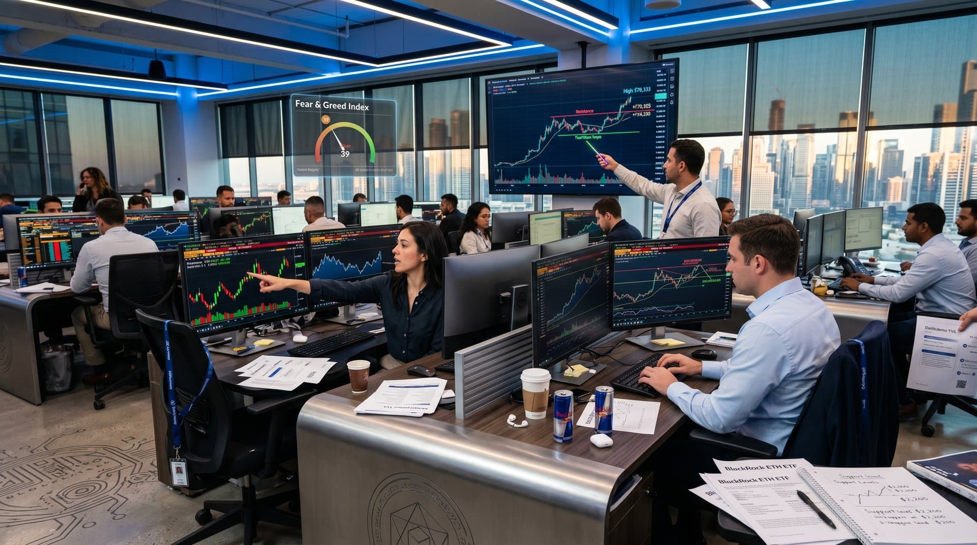 Fintech traders analyzing Ethereum and Bitcoin price charts on trading floor screens with market data and skyline view