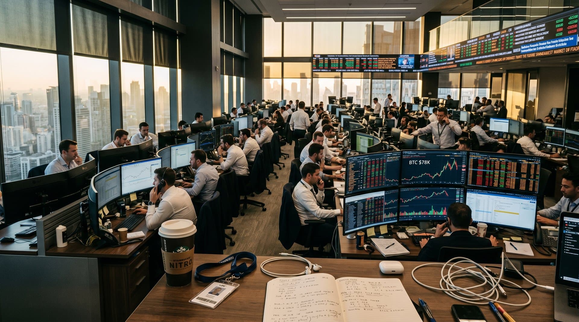 Trading floor desks with Bloomberg terminals showing BTC $78K charts, AI graphs, Glassnode data in sunlit environment