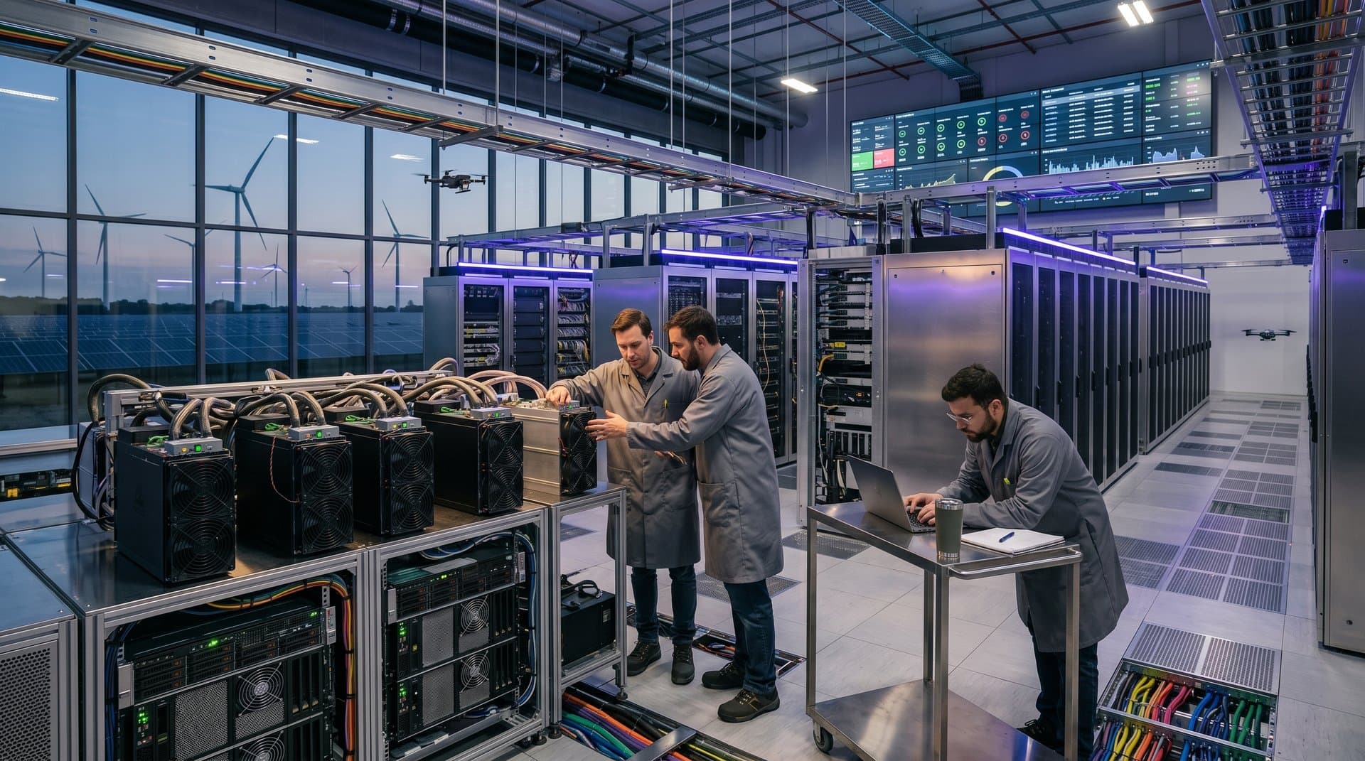 High-tech Tier IV data center with ASIC miners and AI GPU racks under blue LEDs, dashboards showing BTC at $80,911 and hash rates