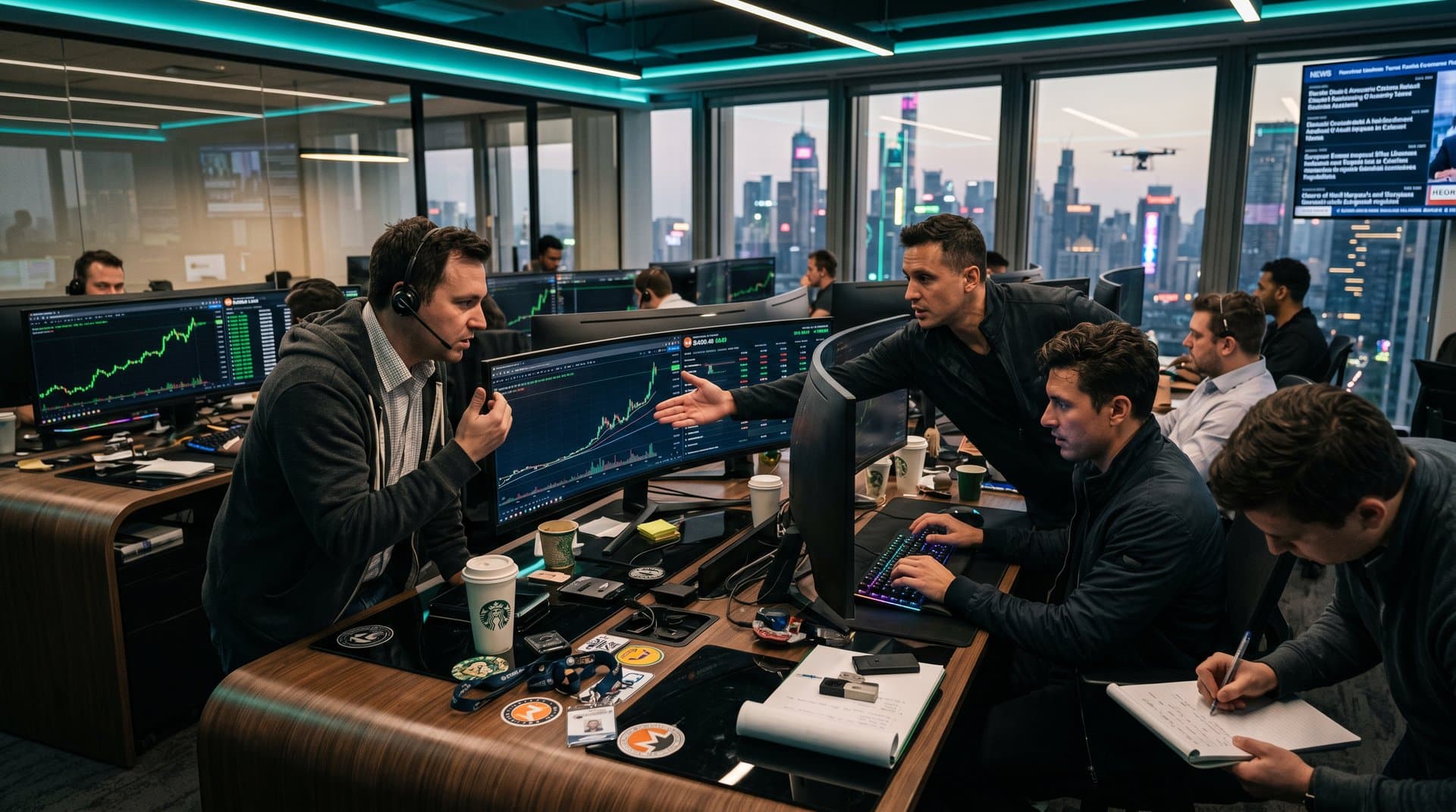 Crypto traders monitor spiking Monero charts on multi-screen setups in high-energy trading floor with city skyline view