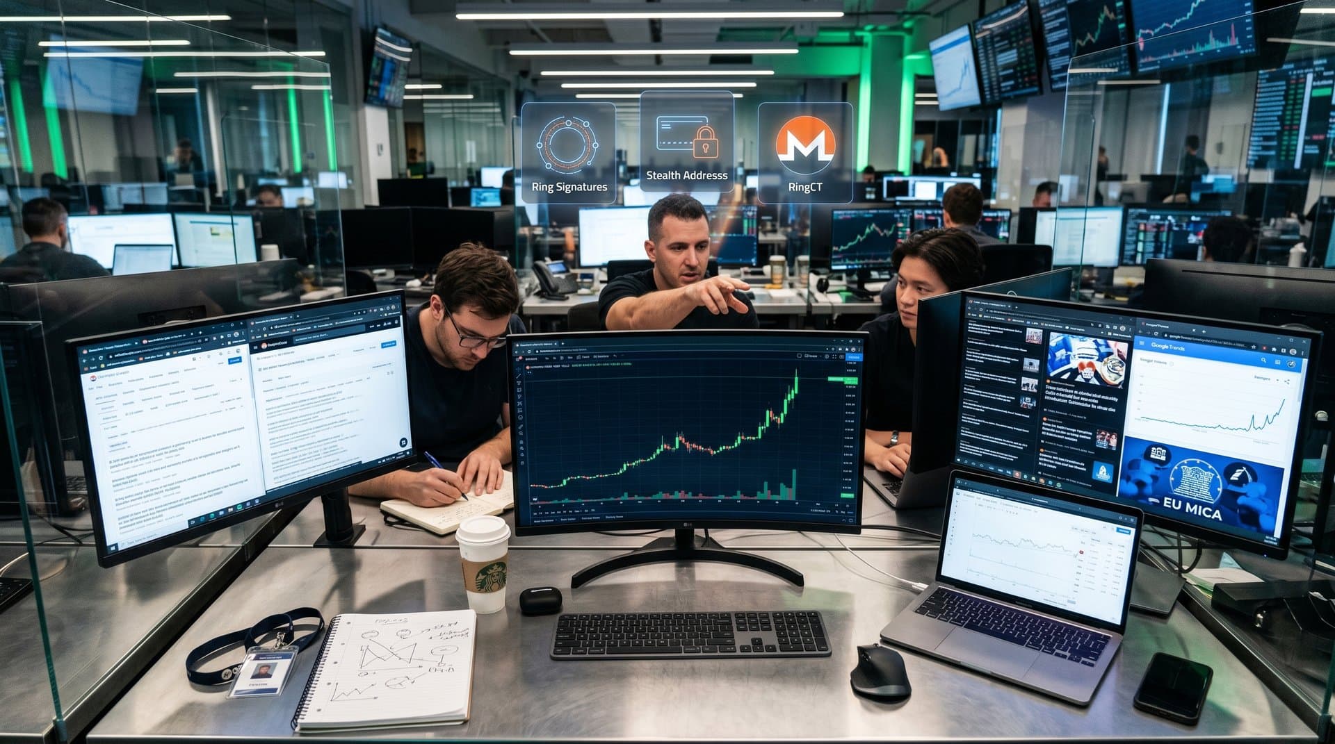 Trading screens display Monero XMR 6.3% surge to $411.52 with charts, metrics, and privacy icons