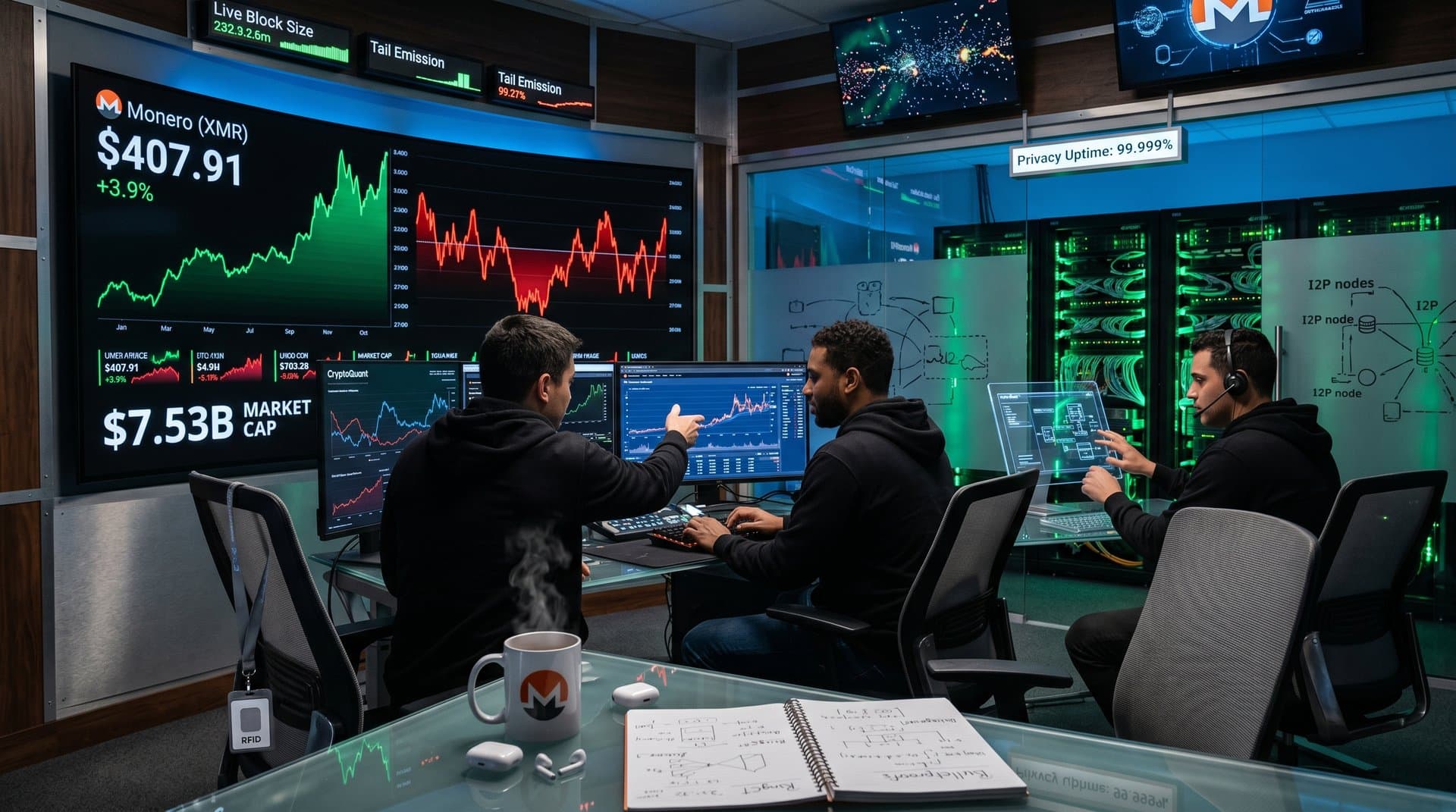 Cybersecurity engineers and analysts monitor Monero charts on multi-screen setups in a high-security Tier IV data center with server racks and cooling systems