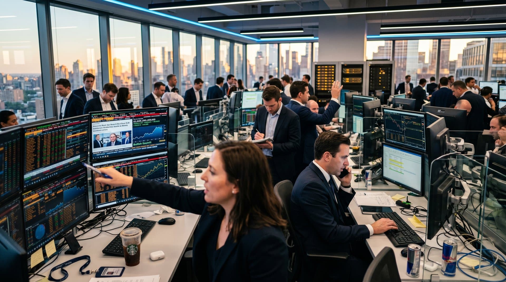 Modern trading floor screens show Bullish Equiniti acquisition and crypto charts