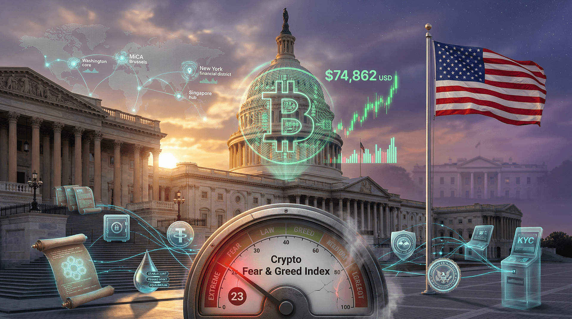 White House Crypto Bill Advances: BTC $74,862, Fear at 23