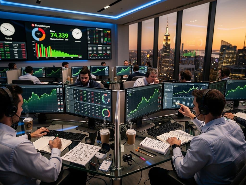 Trading floor monitors BTC at $74K and Fear Index at 23 amid desks and skyline