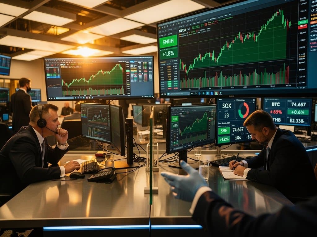Trading desks with screens showing Nvidia stock surge to $200, AI semis charts, crypto fear index, high-tech market monitoring