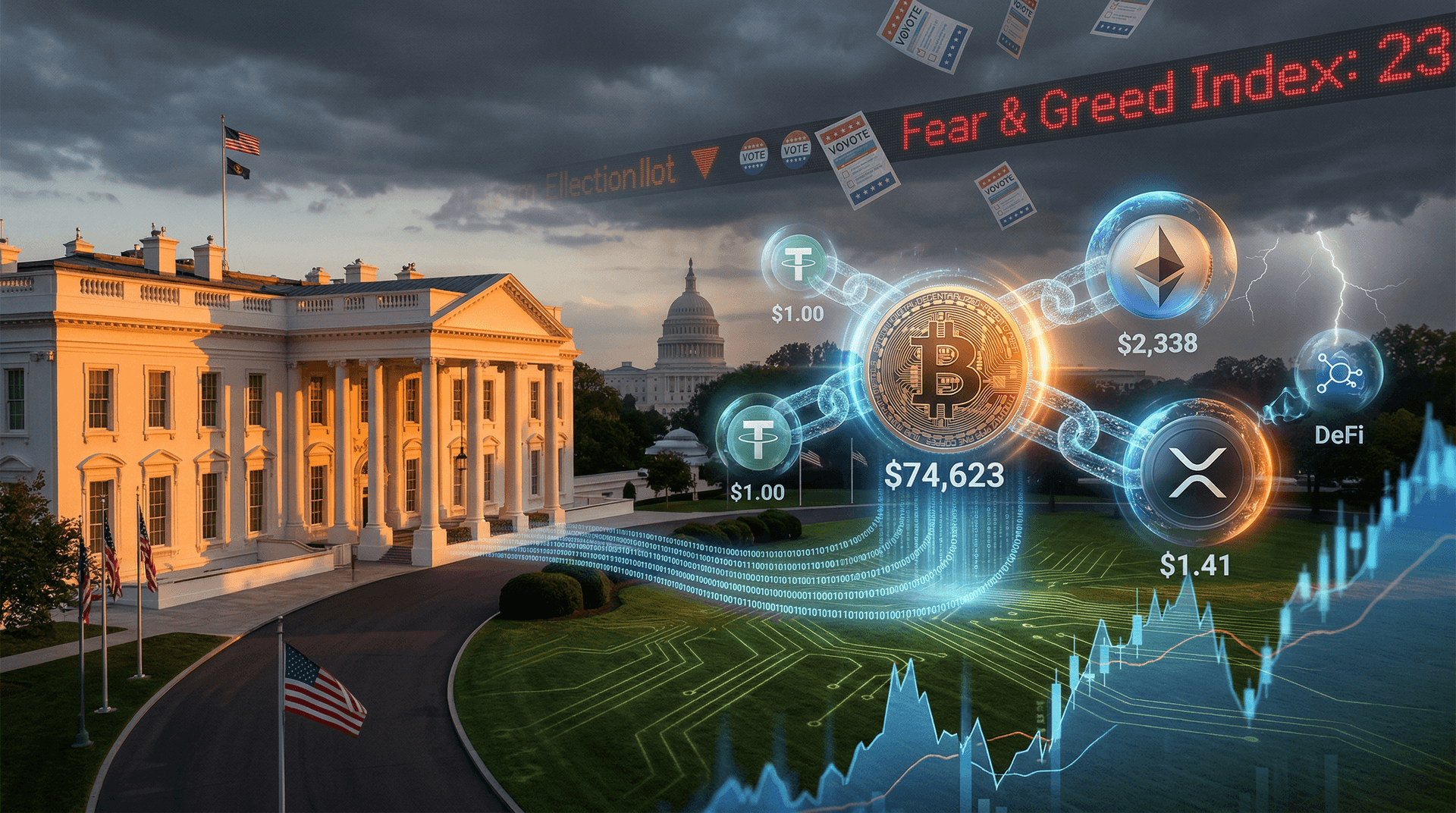 White House Crypto Bill Advances Pre-Midterms: BTC $74,623, Fear at 23
