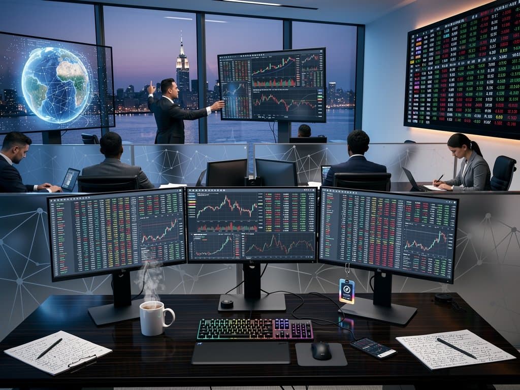 Modern fintech trading desk featuring live BTC charts at $73,819, Fear & Greed Index at 23, multi-monitor setups, and scrolling market tickers in high-tech office environment