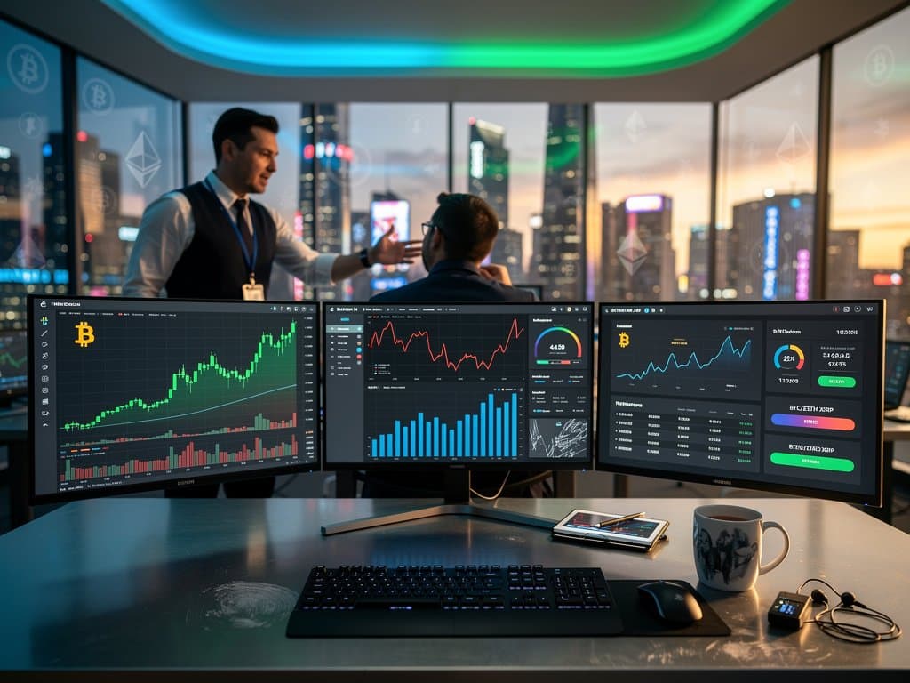 Multi-screen trading desks show Schwab Crypto interface with BTC at $74K, ETH charts, XRP surges, Fear & Greed at 23 under LED lights in fintech office