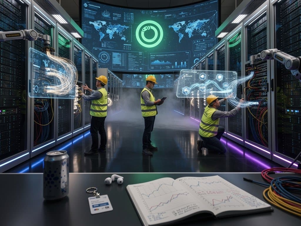 High-tech data center with server racks, LED lights, holographic blockchain dashboards, Cardano node amid cybersecurity monitors under dramatic lighting