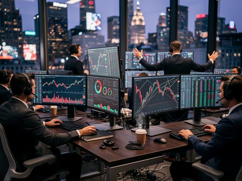 Traders monitoring Ethereum price charts on multi-screen trading floor amid terminals and LED lights
