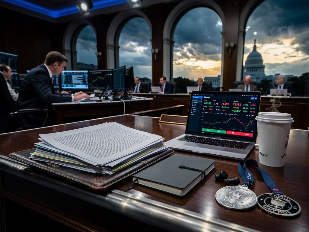 Capitol Senate room with bill documents, laptops showing BTC $74K and Fear 23 charts, traders at monitors, senators at dais under LED lights