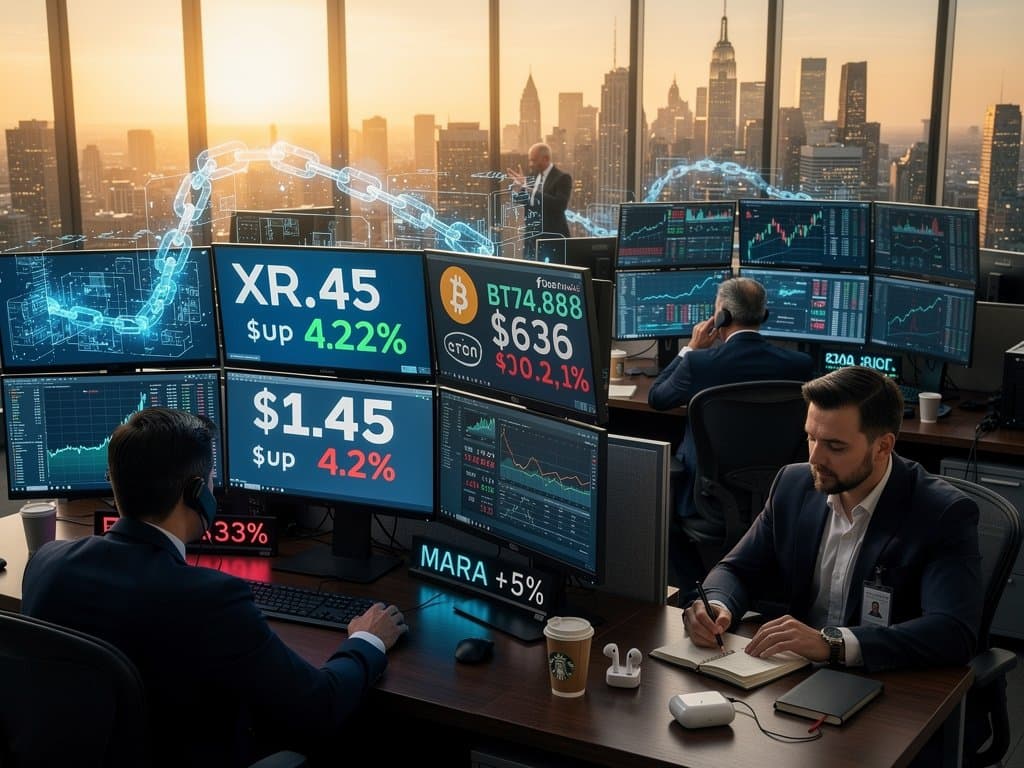 Crypto traders monitor XRP surge to $1.45 and BTC charts on high-tech screens amid Fear & Greed Index at 23