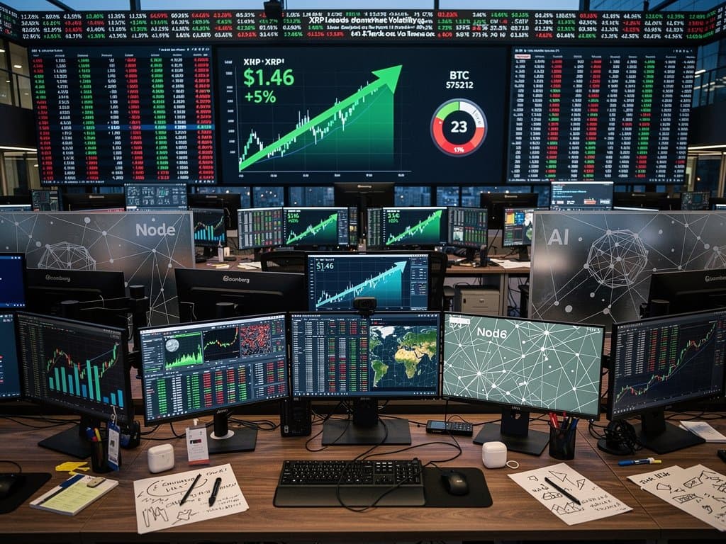 Trading screens display XRP surge to $1.46, BTC at $75k, Fear & Greed at 23 on fintech market floor