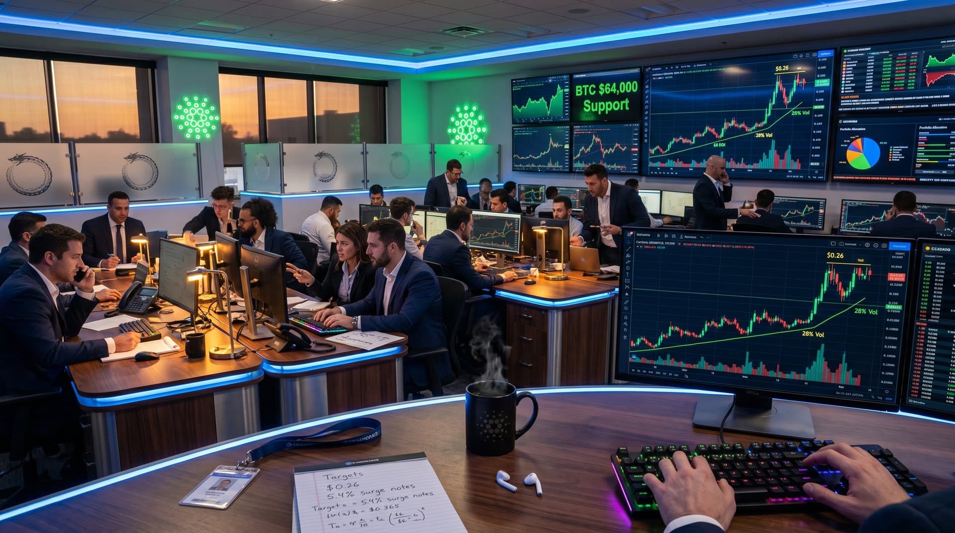 Trading desks with Bloomberg terminals displaying Cardano ADA price surge charts in crypto market recovery