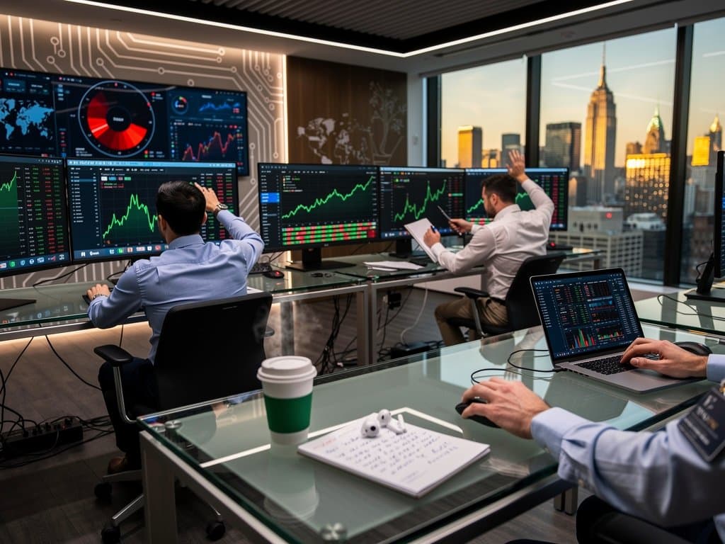 Trading screens displaying Charles Schwab spot crypto trading with BTC at $75K, ETH, Fear & Greed Index in high-tech setup