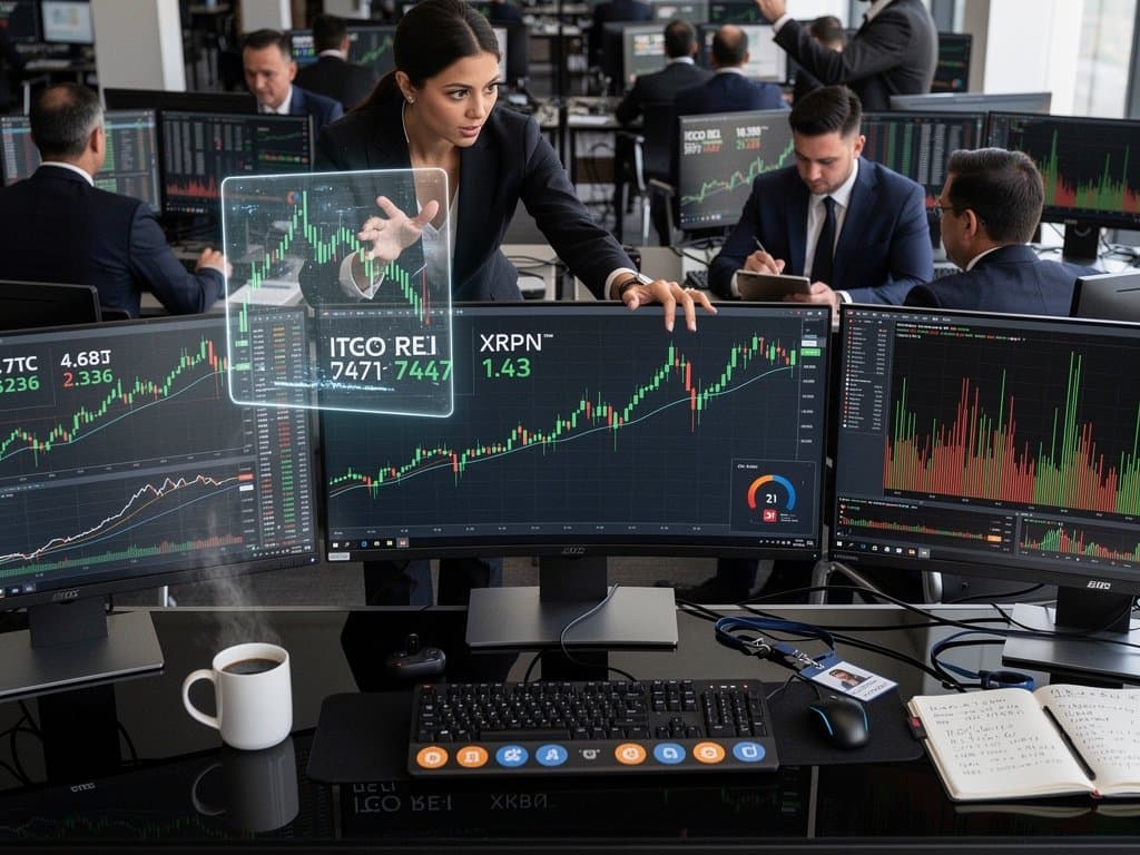 Traders at desks with multi-monitors showing crypto charts, coffee cups, and skyline view through windows