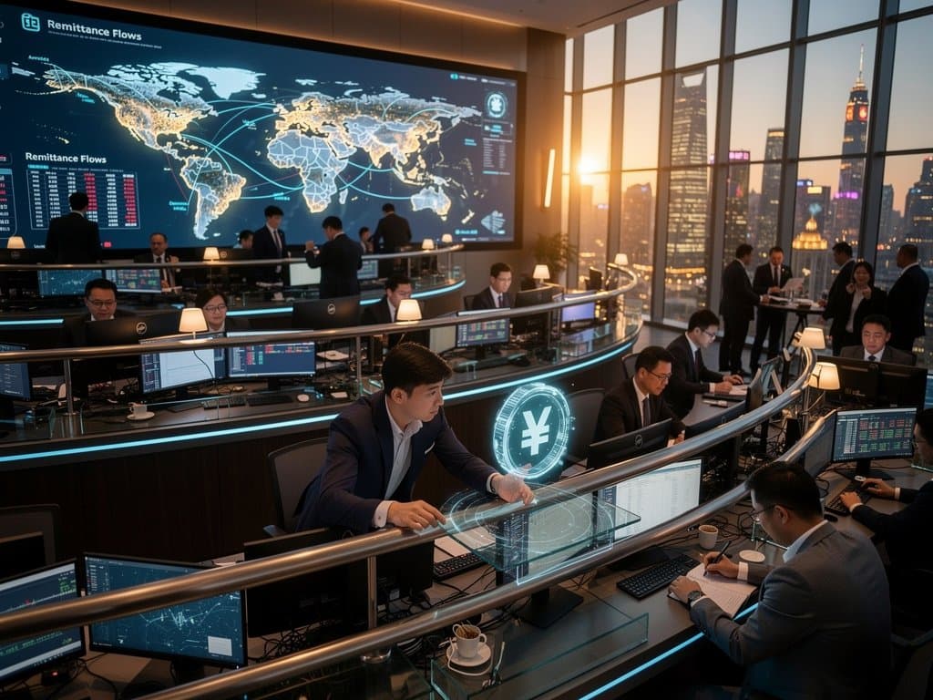 Fintech traders monitor crypto charts, yuan stablecoin news, and market tension on trading floor