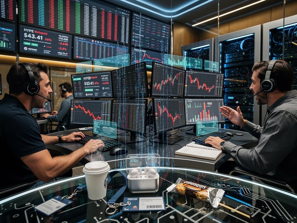 Futuristic trading screens display HYPE token decline on Hyperliquid perps charts amid crypto volatility