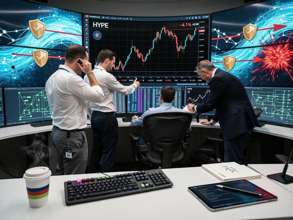 Futuristic blockchain network with Hyperliquid HYPE price chart dropping 4.1%, cybersecurity shields, and DeFi perps interfaces in cyberpunk style