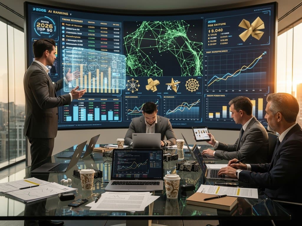 Forbes AI 50 list on digital screen in tech conference room with AI visuals and professionals collaborating