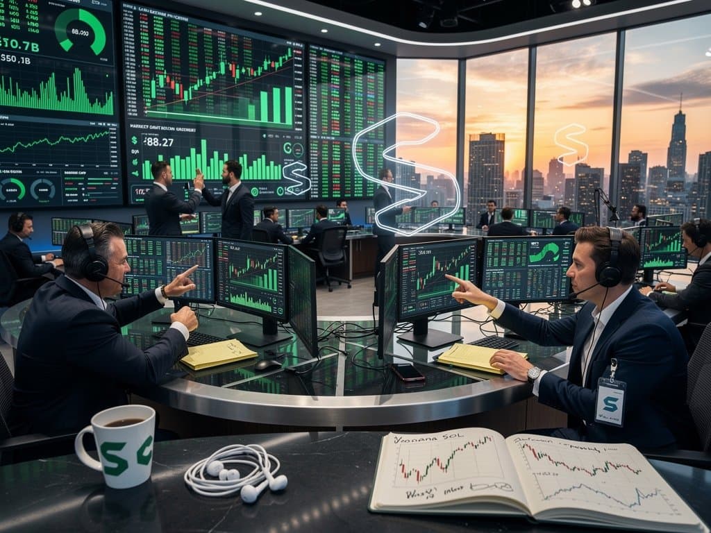 Vibrant trading floor with Bloomberg terminals showing Solana price at $88.27, green candlesticks, market cap data, and crypto rebound visuals on screens