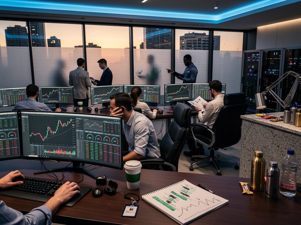 Trading screens show BTC at $75K, Fear & Greed at 21, charts from top platforms on modern floor