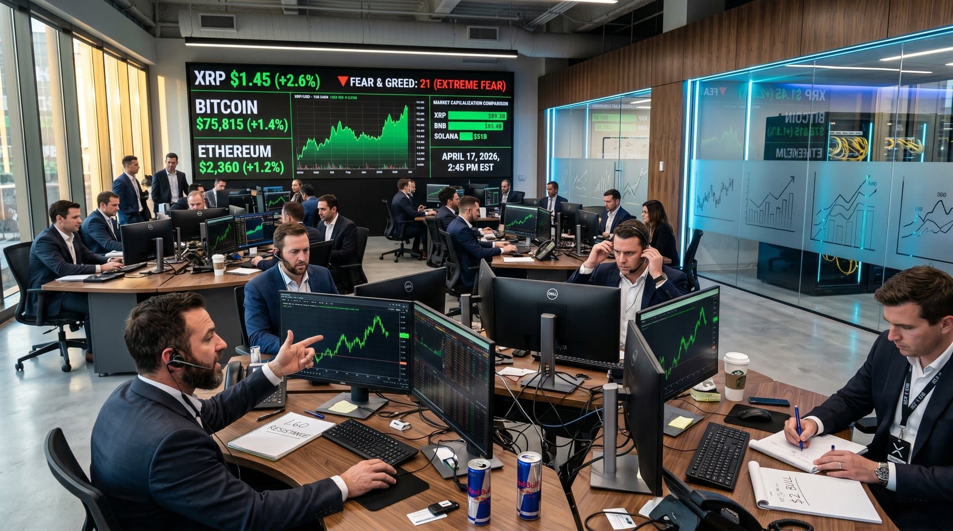 High-tech trading desks with screens displaying XRP at $1.45 charts, market data, and Fear & Greed Index on April 17, 2026