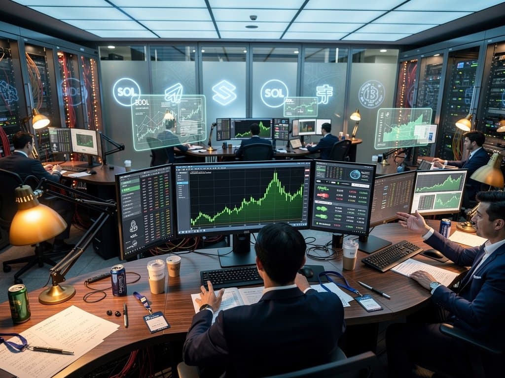 Trading floor with Bloomberg terminals showing Solana charts, market data on screens, digital ticker for top cryptos