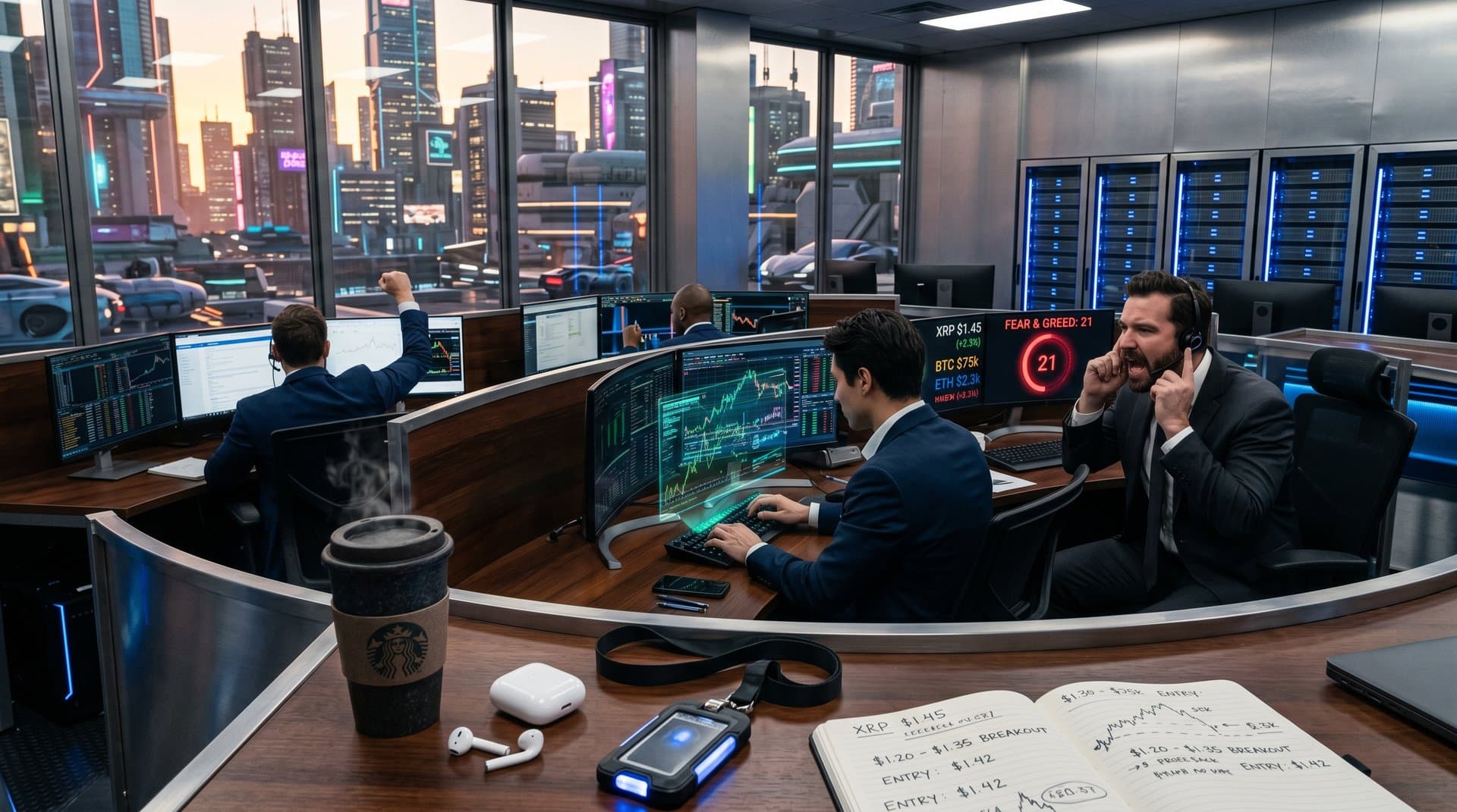 Crypto trading screens show XRP at $1.45 surging amid market recovery data