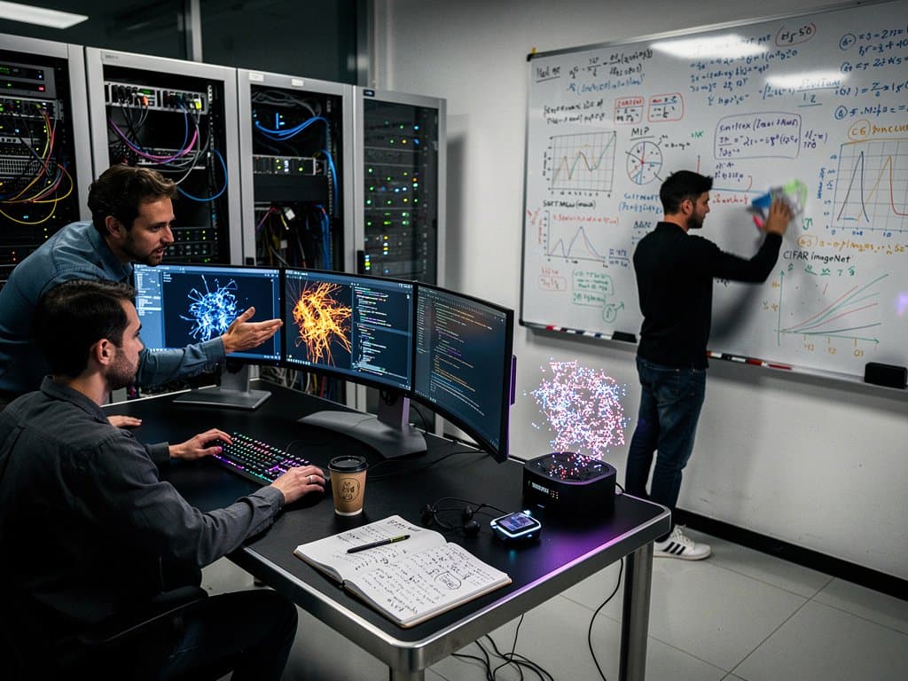 Futuristic AI lab displays entropy heatmaps, neural graphs, and code on curved monitors amid server racks and equation-filled whiteboards