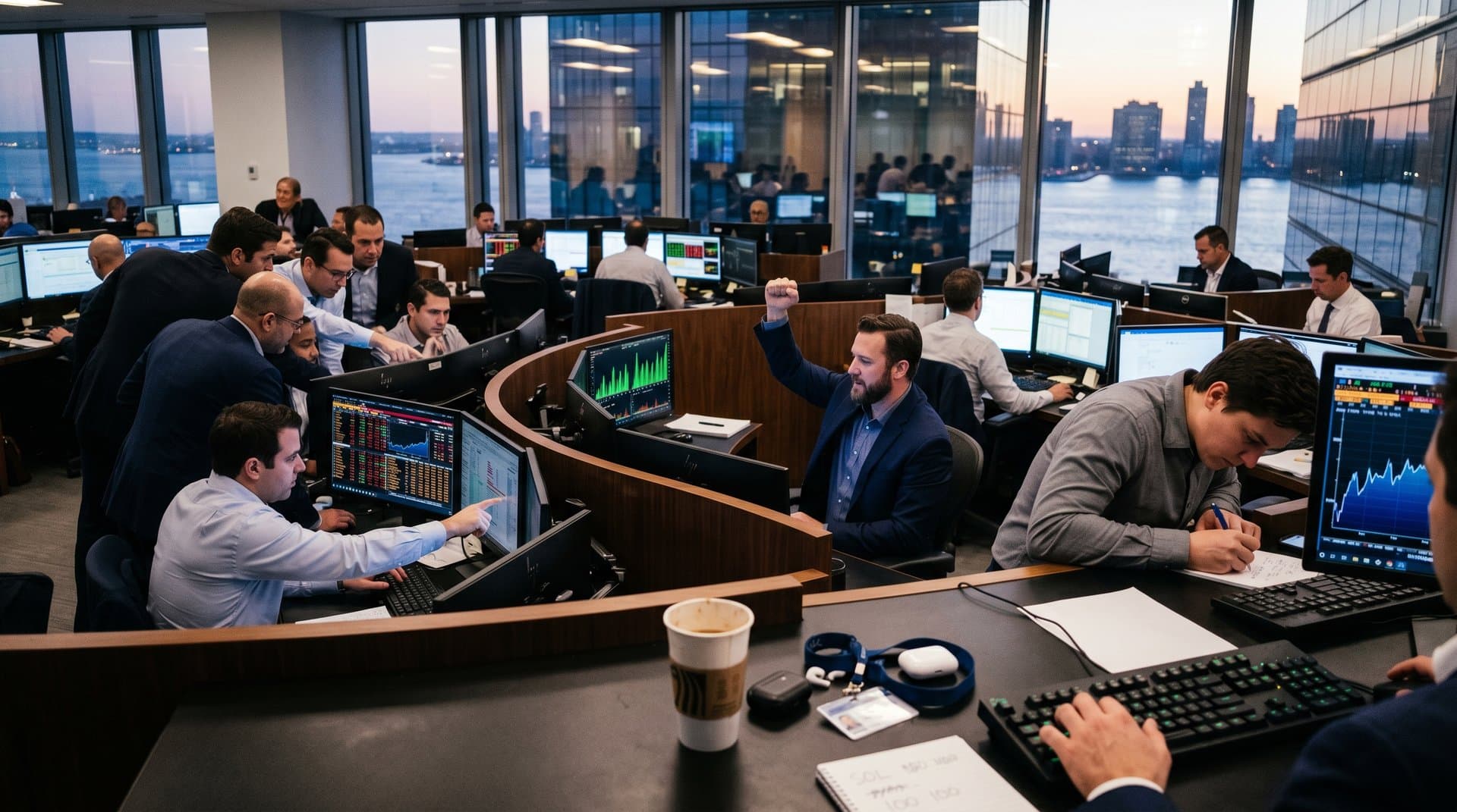 Trading floor desks with Bloomberg terminals showing Solana charts spiking, monitors, city skyline view