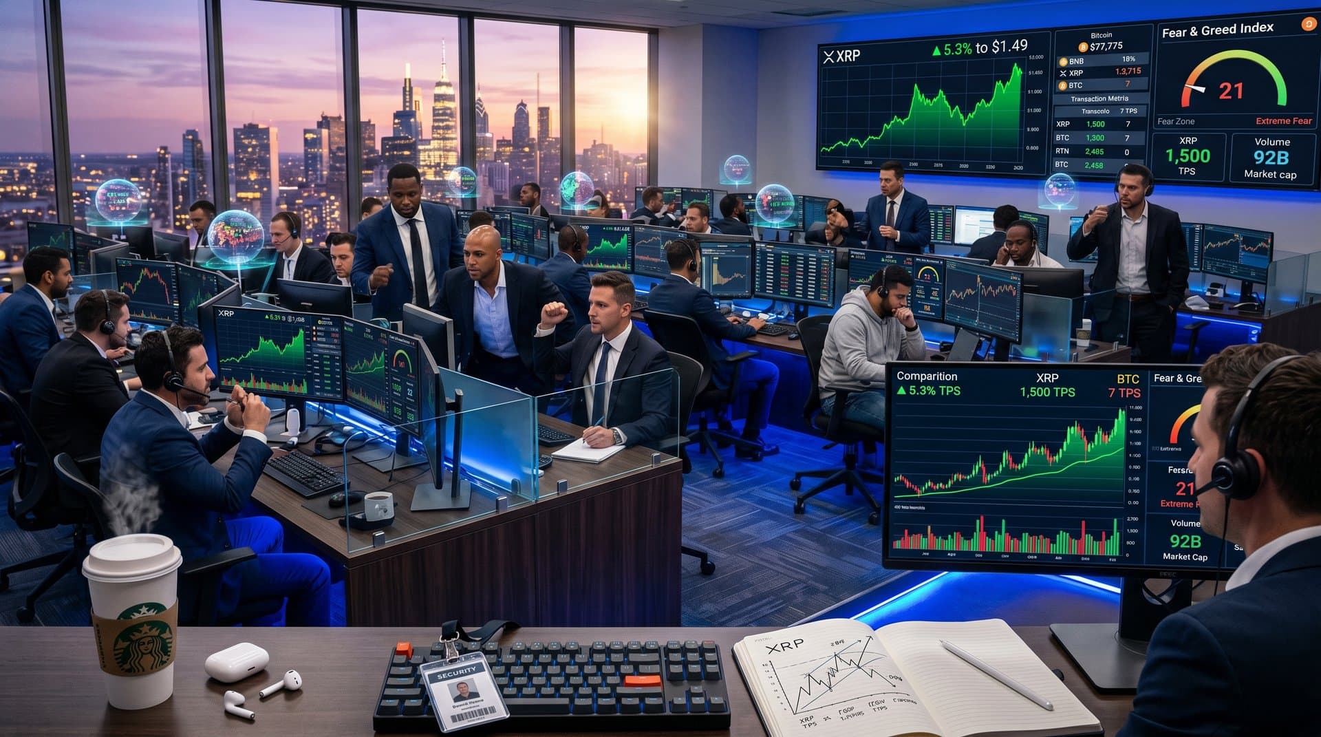 Fintech traders analyze XRP price surge to $1.49 on screens amid crypto market rally and Fear & Greed data