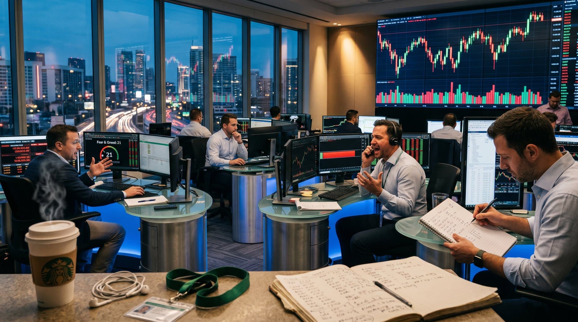 Traders at curved desks with multi-monitor setups analyzing Bitcoin short squeeze charts on a premium trading floor