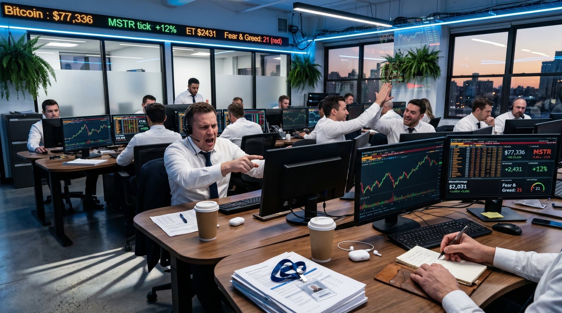 Trading floor with Bloomberg Terminals showing cryptocurrency sector rally, Bitcoin and MSTR gains
