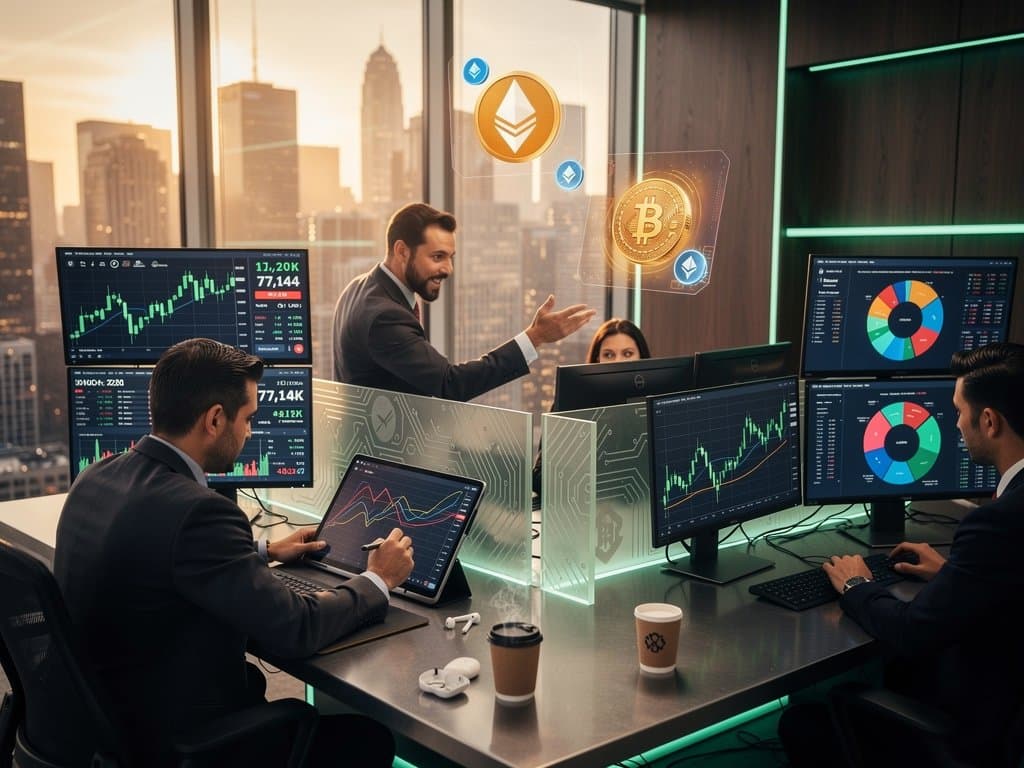 Glowing charts of Bitcoin at $77,144 rally on trading screens with Fear & Greed data