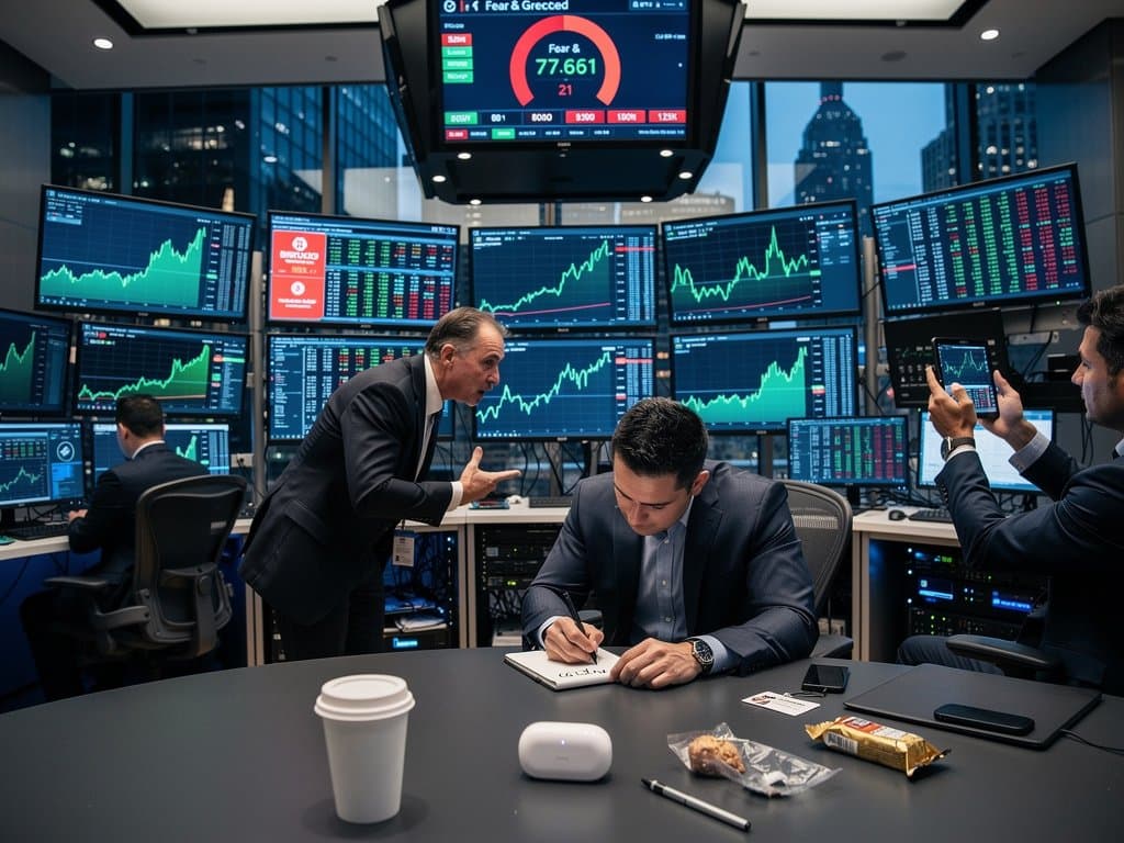Traders monitor Bitcoin charts on Bloomberg terminals at Goldman Sachs trading floor with city skyline view