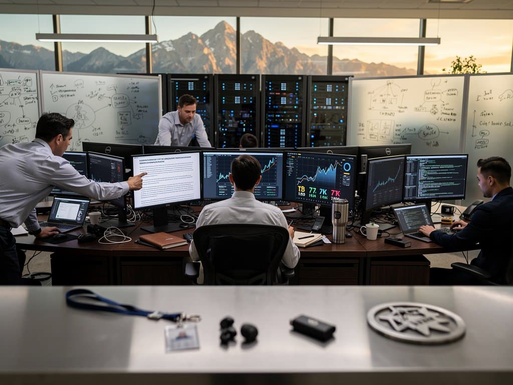 Cybersecurity team at Salt Lake City fintech ops center reviews Utah crypto law on multi-monitors amid blockchain charts and server racks